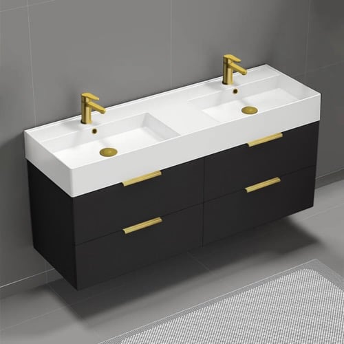 56 Inch Bathroom Vanity, Double Sink, Wall Mounted, Modern, Matte Black Nameeks DERIN189